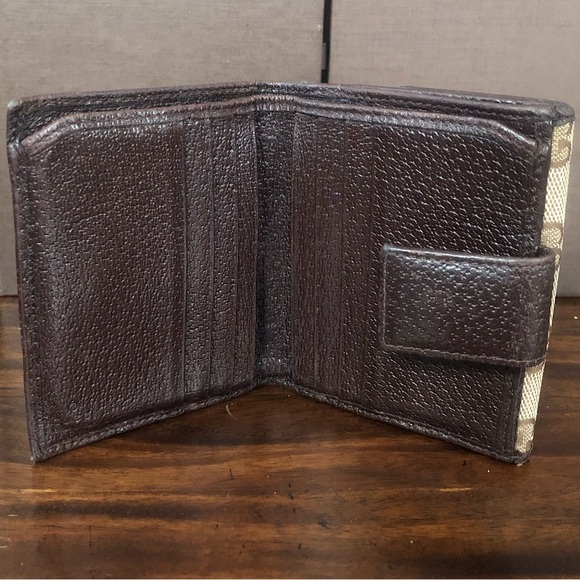 GUCCI GG Web Brown Leather and Tan Canvas Monogram Trifold Wallet Authentic - Picture 11 of 17